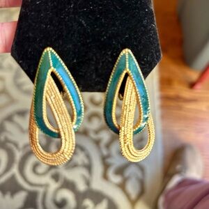 Elegant Gold-Tone and Teal Enamel Clip Earrings